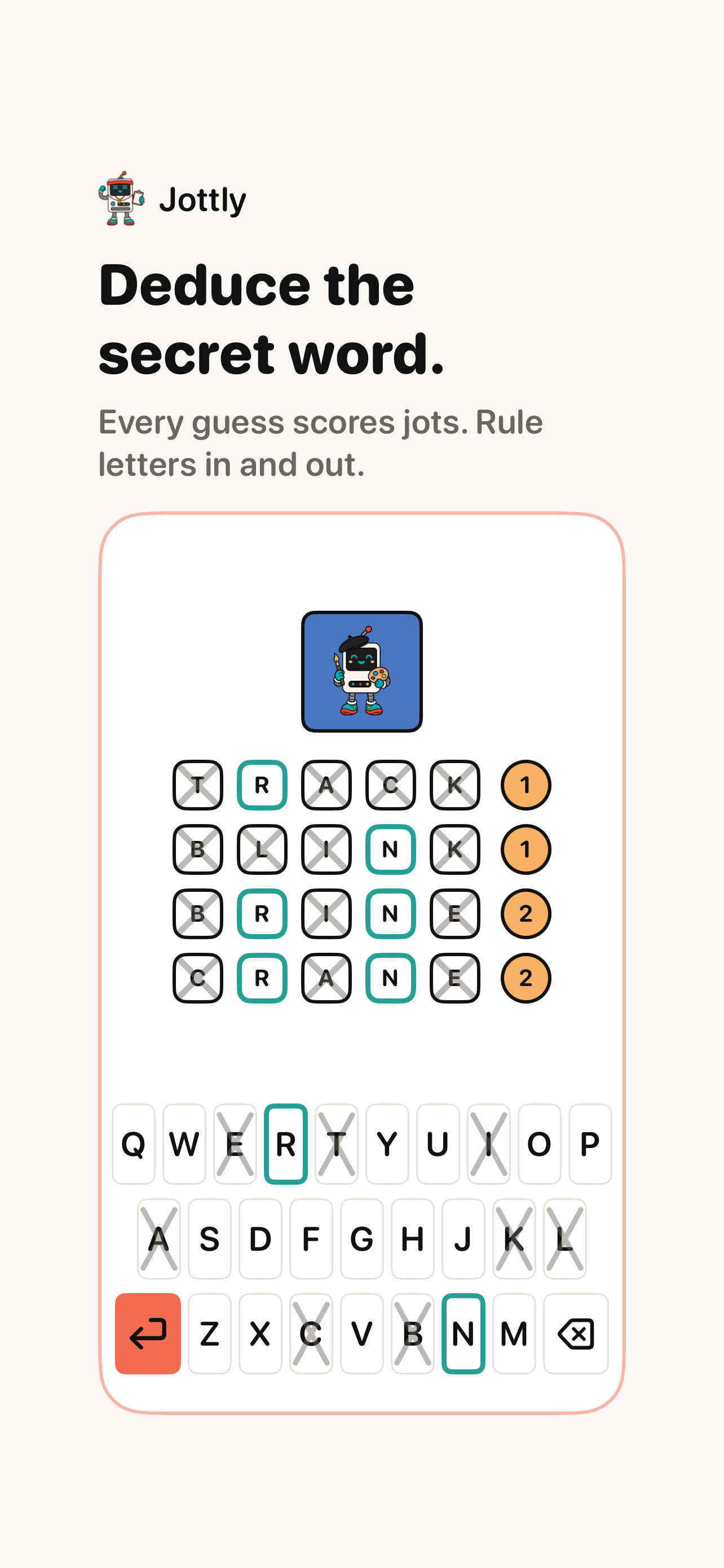 Jottly: deduce the secret word by ruling letters in and out