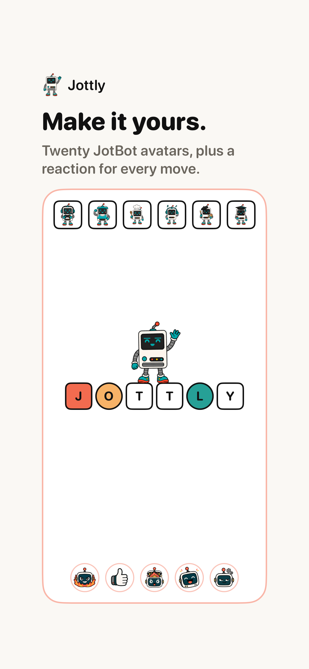 Jottly: make it yours with twenty JotBot avatars and a reaction for every move